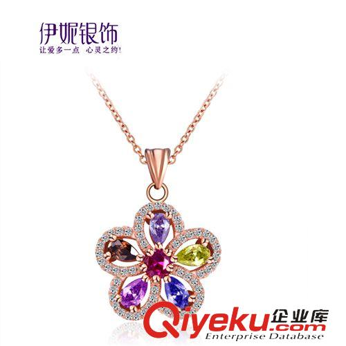 925純銀  紅剛玉 【伊妮】925純銀 吊墜項墜 女式花卉紅剛玉項飾 時尚韓飾 批發