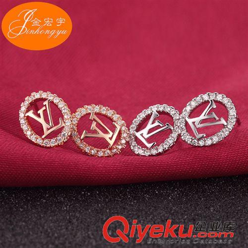 國庫純銀【奢華款】 {dj0}品質鑲鉆字母簡約耳釘 品牌時尚韓國s925純銀飾品首飾批發