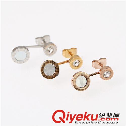 耳釘 速賣通外貿(mào)貨源出口批發(fā)首飾 寶記BV白貝雙圓鑲鉆不銹鋼耳釘