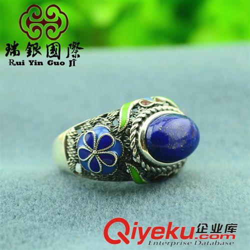 景泰藍(lán)琺瑯掐絲工藝 925純銀景泰藍(lán)鑲嵌青金石戒指 小號(hào)藍(lán)花飾品 西米亞風(fēng)熱賣商品