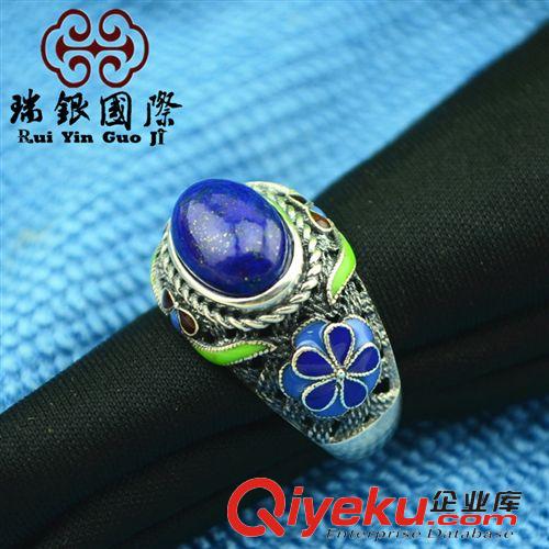 景泰藍(lán)琺瑯掐絲工藝 925純銀景泰藍(lán)鑲嵌青金石戒指 小號(hào)藍(lán)花飾品 西米亞風(fēng)熱賣商品