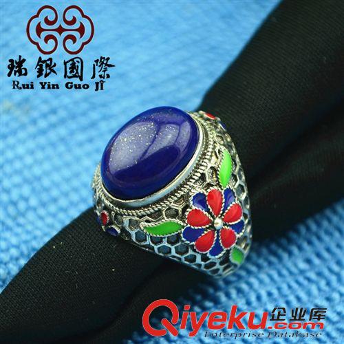 景泰藍琺瑯掐絲工藝 泰銀戒指 鑲嵌南紅瑪瑙 創意個性復古手飾 收藏手工銀仿古銀飾品