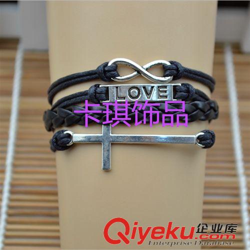 歐美復(fù)古編織手鏈 手工制作 love橫牌 浪漫密碼 十字架皮繩 彩色蠟繩 四層手鏈 古銀原始圖片2