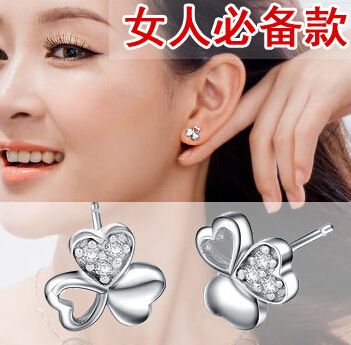 耳釘 防過(guò)敏銀飾耳飾批發(fā) 三葉草鋯石耳釘 淑女款925純銀 韓版熱賣(mài)原始圖片3