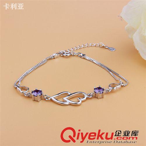 手鐲 經典千足銀手鏈批發(fā) 時尚韓版鑲水晶女式手鏈 心相印手飾 熱銷