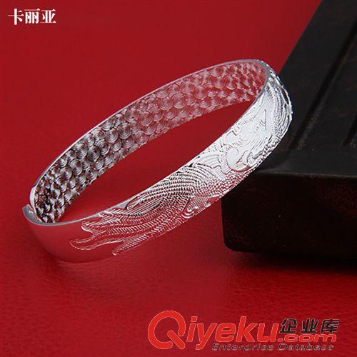 手鐲 海豐梅隴飾品批發 時尚民族風千足銀手鐲 龍鳳奪珠手環 女式