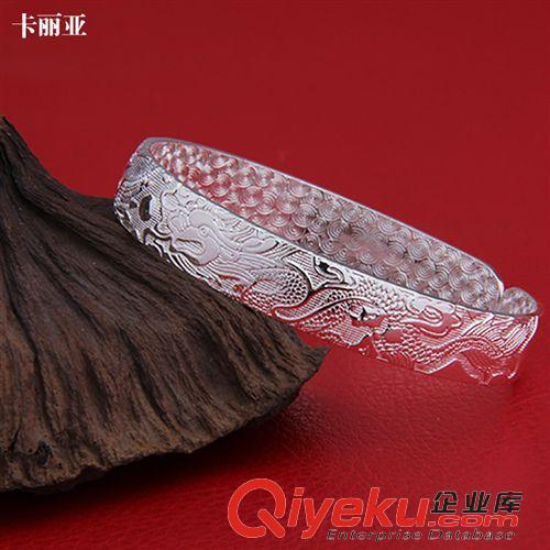 手鐲 海豐梅隴飾品批發 時尚民族風千足銀手鐲 龍鳳奪珠手環 女式