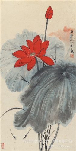 現代書畫名家Y 【倉吉堂藝品 gf名家字畫批發(fā)】于非闇  荷花圖30X59