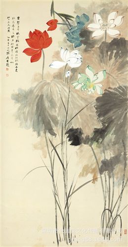 產品大全 廠家供應 五色荷花70×134.9 名家張大千 畫心批發