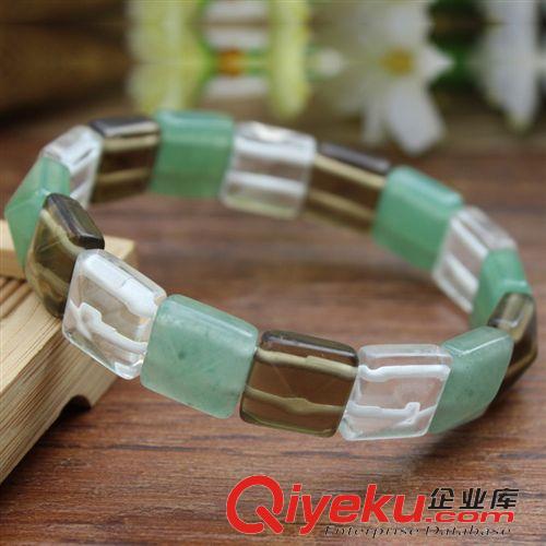 時尚手排 批發12mm方形綠東陵茶水晶白水晶三色手鏈 女款時尚韓版手串飾品原始圖片3