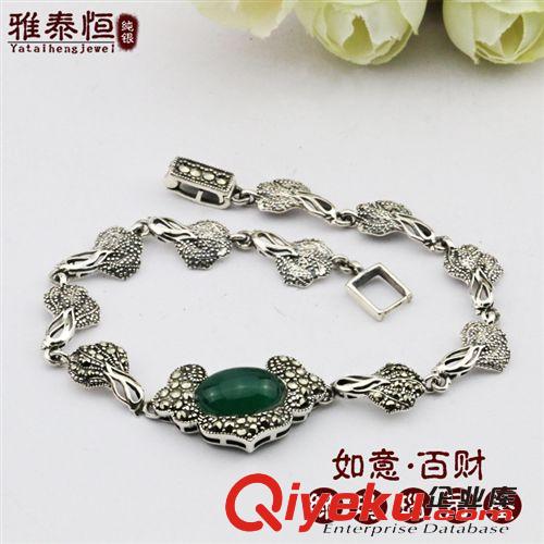 寶石系列 s925純銀手鏈 復(fù)古泰銀女手鏈如意百財手飾品tr綠瑪瑙zp時尚