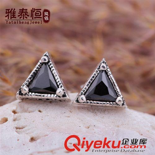 寶石系列 S925純銀耳釘 泰銀風(fēng)格 男女款復(fù)古三角形鑲鋯耳釘 廠家直銷zp