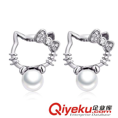 耳釘 韓版時尚S925銀飾品 鑲進(jìn)口珍珠小貓咪Hello kitty純銀耳釘 女