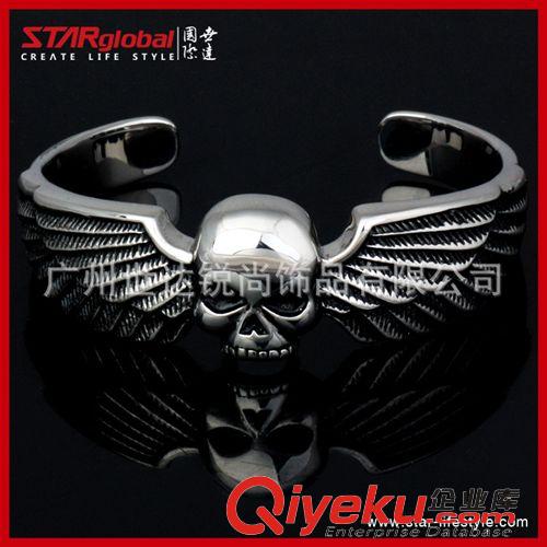 男士316精鋼飾品 批發(fā)哈雷翅膀骷髏頭鈦鋼手鐲 時(shí)尚潮人手環(huán) 精鋼手鏈 機(jī)車王配飾原始圖片3