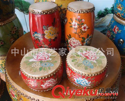 彩繪鼓桌鼓凳 萬藝 新古典中式彩繪圓實木雙面牛皮鼓 可敲響仿古銅釘成人大腰鼓