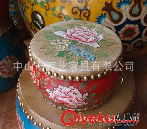 彩繪鼓桌鼓凳 萬藝 新古典中式彩繪圓實木雙面牛皮鼓 可敲響仿古銅釘成人大腰鼓