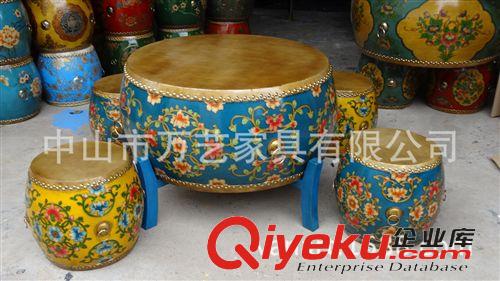 彩繪鼓桌鼓凳 萬藝 新古典中式彩繪圓形鼓桌鼓凳 客廳休閑茶臺 仿古牛皮茶幾