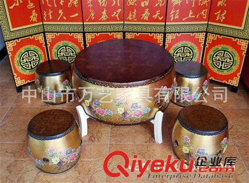 彩繪鼓桌鼓凳 萬藝 金箔鳳凰鼓中式客廳休閑臺茶幾彩繪牛皮鼓桌鼓凳鼓墩圓凳