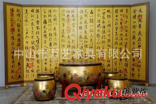 彩繪鼓桌鼓凳 萬藝 金箔鳳凰鼓中式客廳休閑臺茶幾彩繪牛皮鼓桌鼓凳鼓墩圓凳