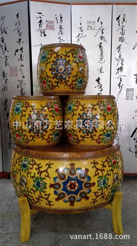 彩繪鼓桌鼓凳 萬佳藝 藏式手繪客廳休閑茶幾 圓形彩繪牛皮鼓桌鼓凳五件套送支架