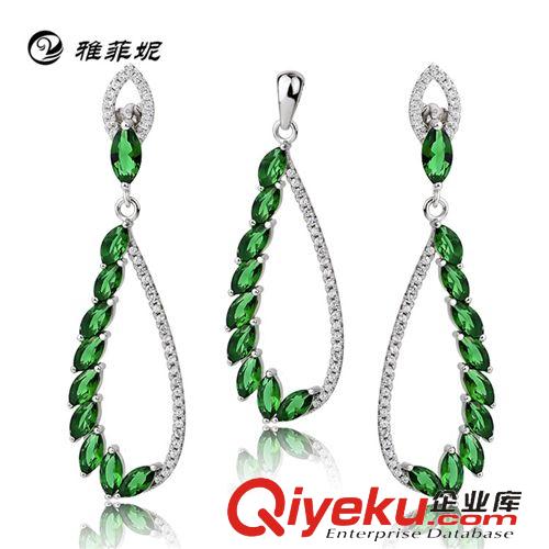 925純銀套裝 歐美飾品套裝 S925純銀微鑲鉆 夸張水滴形綠色 義烏飾品廠