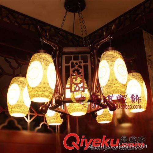 吊燈 中式吊燈陶瓷燈 客廳燈木藝雕花吊燈 臥室燈古典吊燈燈具0307