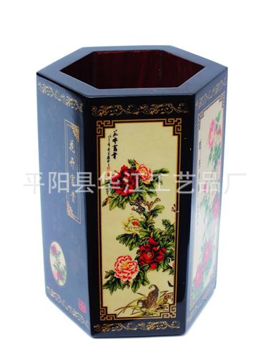 漆器筆筒 節(jié)日慶典商務(wù)znq禮品六角漆器旋轉(zhuǎn)筆筒 花鳥語花香（可定制）