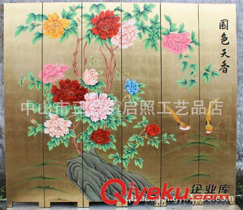 现代中式古典屏风 国色天香 牡丹花金箔手绘手工画 彩绘隔断玄关背景墙