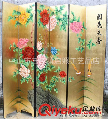 现代中式古典屏风 国色天香 牡丹花金箔手绘手工画 彩绘隔断玄关背景墙