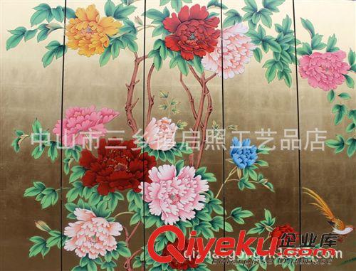 现代中式古典屏风 国色天香 牡丹花金箔手绘手工画 彩绘隔断玄关背景墙