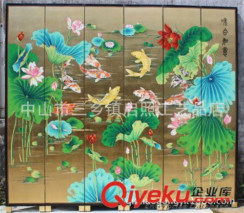 现代中式古典屏风 荷花鲤鱼金箔漆画屏风 金箔荷花屏风 折叠屏风 酒店家居屏风