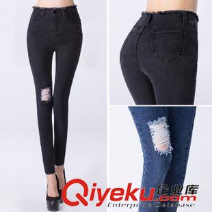 牛仔褲 韓版高腰破洞牛仔褲  女士寬松大碼顯瘦小腳褲彈力鉛筆褲潮原始圖片2