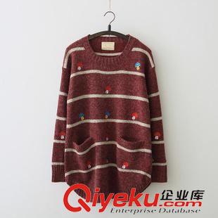 女式針織毛衣 15秋冬新款 森女刺繡小蘑菇中長款圓領(lǐng)套頭長袖女裝毛衣