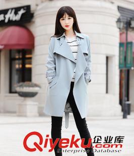9.27新品 歐洲站2015秋季新款韓版大碼中長(zhǎng)款純色長(zhǎng)袖寬松女式風(fēng)衣系帶外套原始圖片3