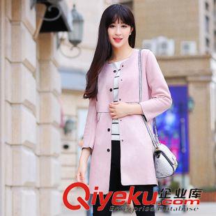 9.27新品 歐洲站2015秋季新款歐美中長款修身薄鹿皮絨女士風衣女系帶外套潮