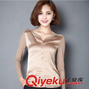 8.4新品 2015秋裝新款韓版V領(lǐng)網(wǎng)紗拼接修身女大碼顯瘦純色百搭長袖打底衫原始圖片3