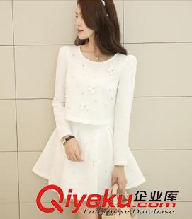 8.14新品 2015秋裝新品女韓版鑲花朵釘珠時(shí)尚顯瘦兩件套休閑連衣裙短裙套裝原始圖片3