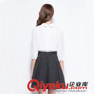 8.18新品 2015秋季新款女裝歐美條紋修身雪紡修身A字裙襯衫小香風(fēng)連衣短裙