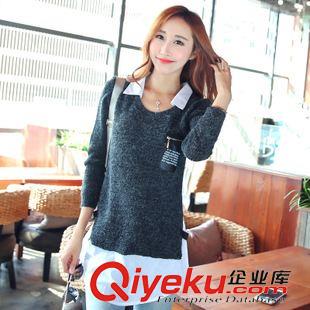 8.25新品 2015秋季新款韓版翻領拼接中長款長袖打底衫修身套頭針織毛衣批發原始圖片3