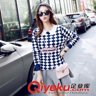 7.1新品 2015秋冬新款女裝韓版翻領(lǐng)格紋寬松假兩件針織學(xué)院長袖打底衫毛衣原始圖片2