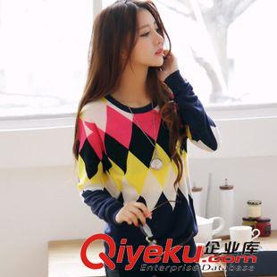 7.25新品 2015秋冬裝韓版百搭加厚針織菱形圓領(lǐng)長袖寬松大碼套頭毛衣女批發(fā)