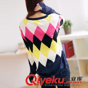 7.25新品 2015秋冬裝韓版百搭加厚針織菱形圓領(lǐng)長袖寬松大碼套頭毛衣女批發(fā)原始圖片2