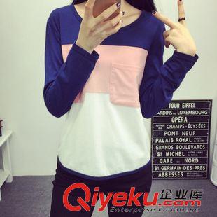 7.28新品 2015秋季新款韓版大碼女裝長袖拼接撞色修身打底衫小衫寬松t恤原始圖片2