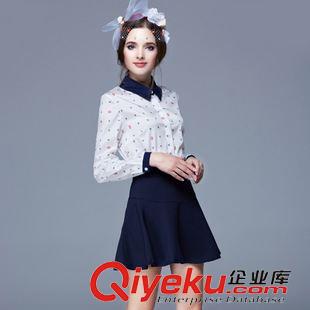 套裝 2015秋裝新款OL通勤印花長袖寬松襯衫百搭顯瘦A字裙傘裙兩件套裝原始圖片2