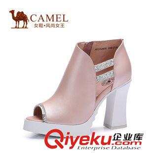 时尚单鞋 Camel骆驼女鞋 鱼嘴羊猄水钻条侧拉链高跟防水台单鞋A51154600