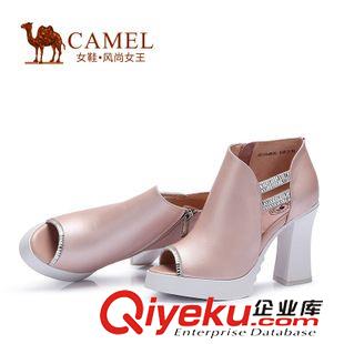 時尚單鞋 Camel駱駝女鞋 魚嘴羊猄水鉆條側拉鏈高跟防水臺單鞋A51154600原始圖片3