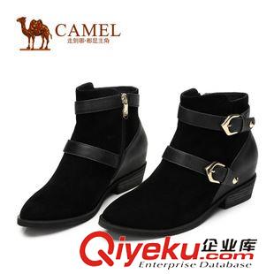 優雅女靴 Camel駱駝女靴 歐美風 羊猄小圓頭牛皮扣帶中跟短靴A94194646原始圖片3