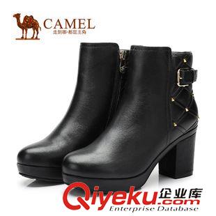 優(yōu)雅女靴 Camel駱駝女鞋 舒適高跟靴子鉚釘側(cè)拉鏈牛皮粗跟女靴A94013645原始圖片3