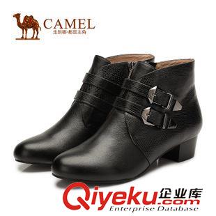 優(yōu)雅女靴 Camel駱駝女鞋 時(shí)尚真皮拼接蜥蜴紋中跟圓頭短靴子A94065610原始圖片3