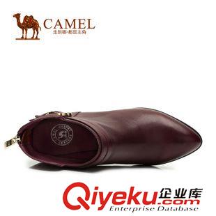 優(yōu)雅女靴 Camel駱駝短靴 款尖頭粗跟后拉鏈裝飾扣帶牛皮女靴 A91803604原始圖片2